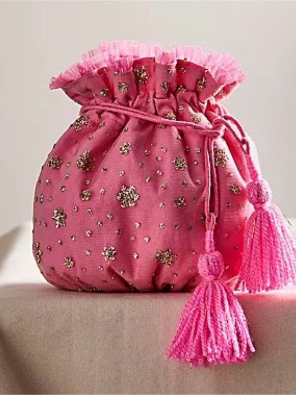 Free People Seasons Sparkle Mini Gift Sack- Pink Glitter Tassel Drawstring Pouch